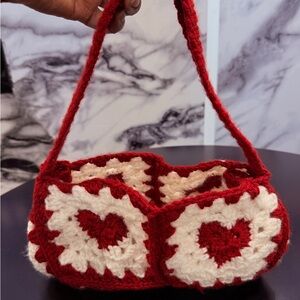 Handcrafted Red and White Heart Crochet Bag
